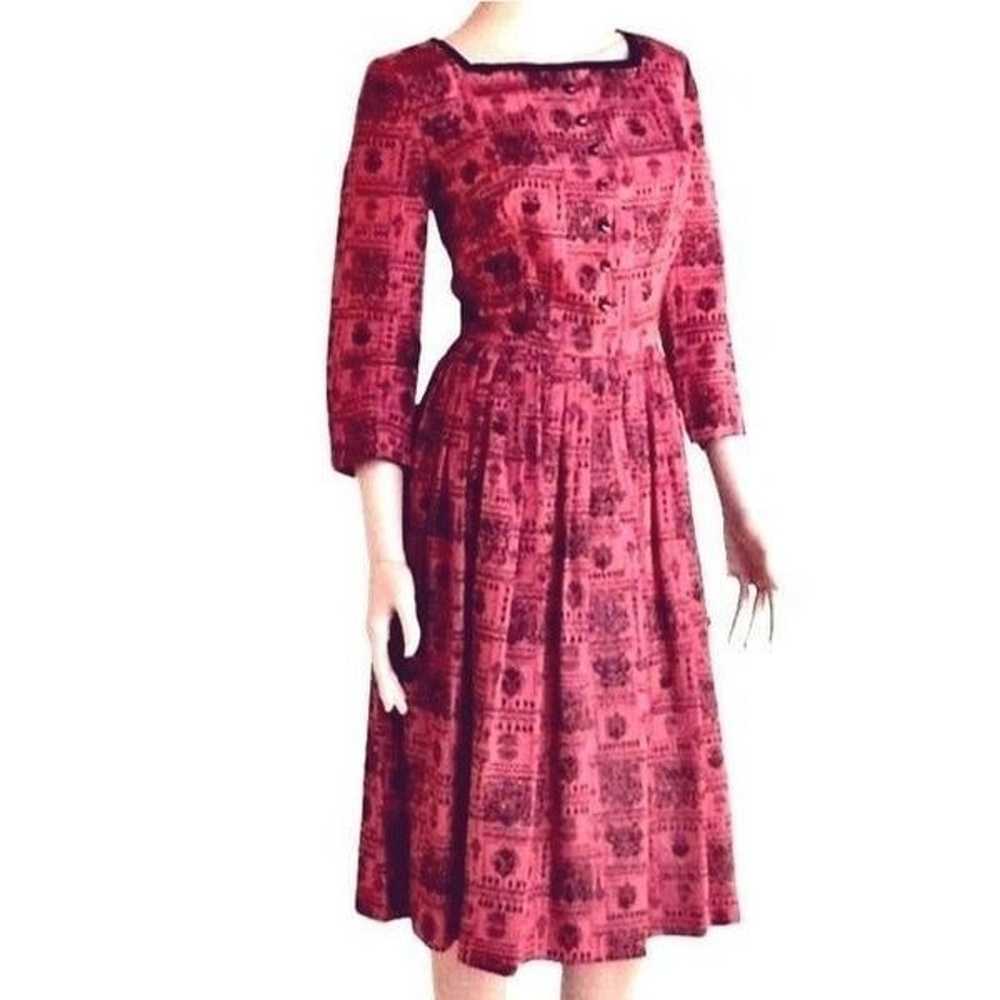 50s Pink Red Dress S Taffeta Romantic Fit and Fla… - image 2