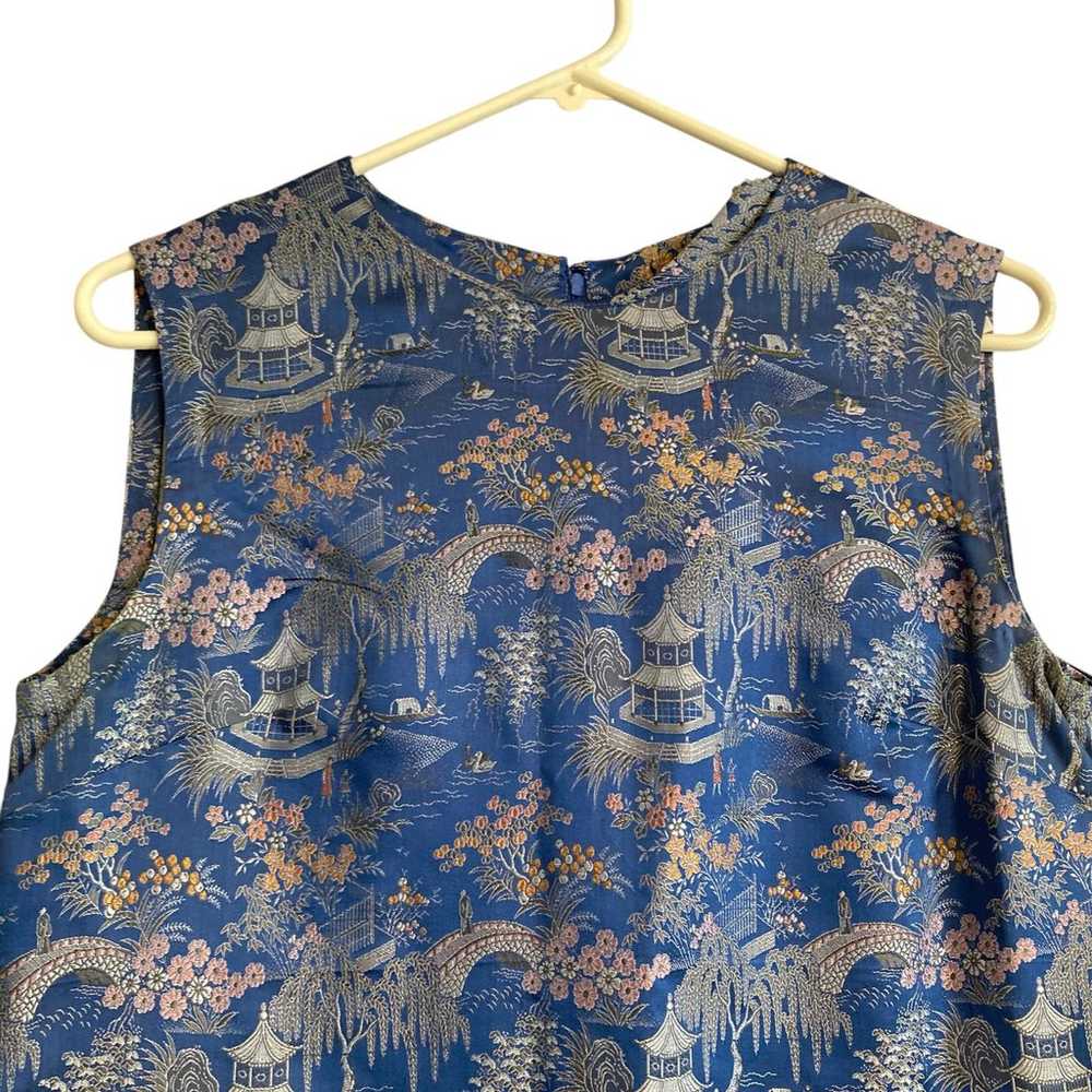 Vintage 70s Asian Brocade Blue Gold Hand Sewn Emb… - image 5