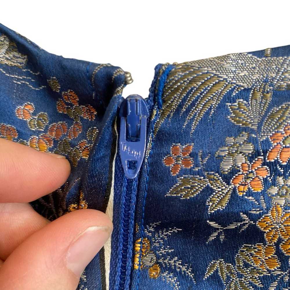 Vintage 70s Asian Brocade Blue Gold Hand Sewn Emb… - image 7