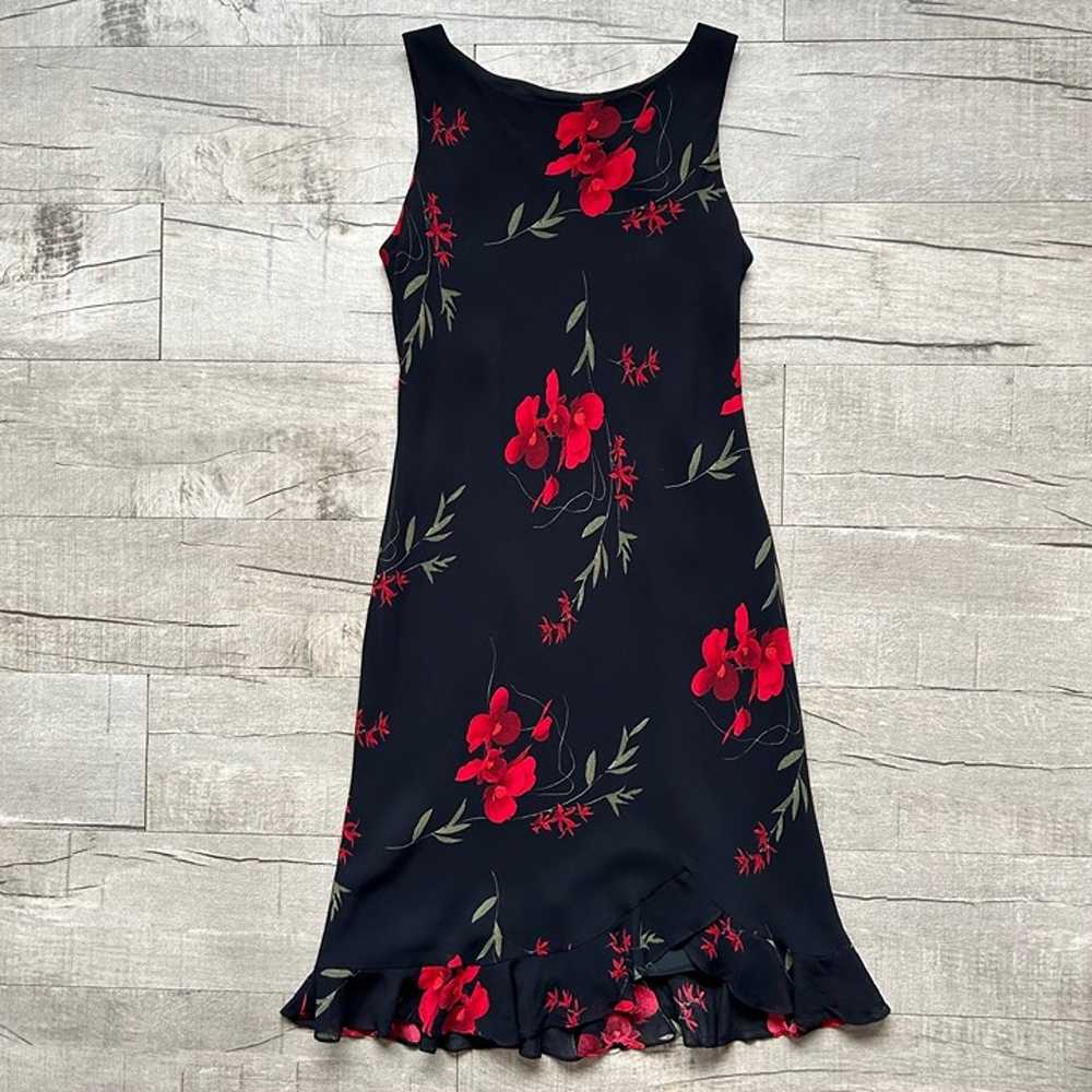 Vintage Donna Ricco New York Black Sleeveless 90s Y2K Red Floral Dress 6P PETITE