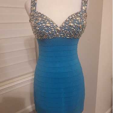 Designer Sherri Hill Embellished Bandage Turquois… - image 1