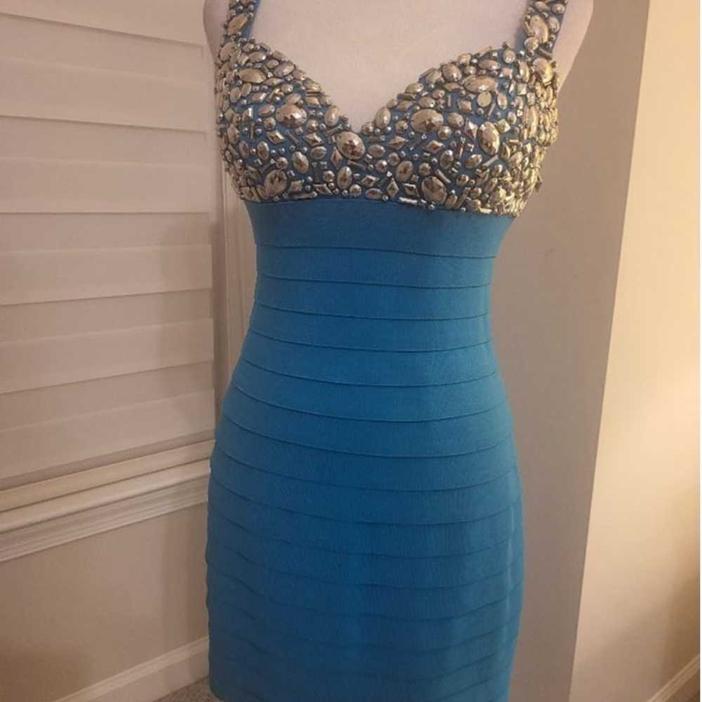 Designer Sherri Hill Embellished Bandage Turquois… - image 3