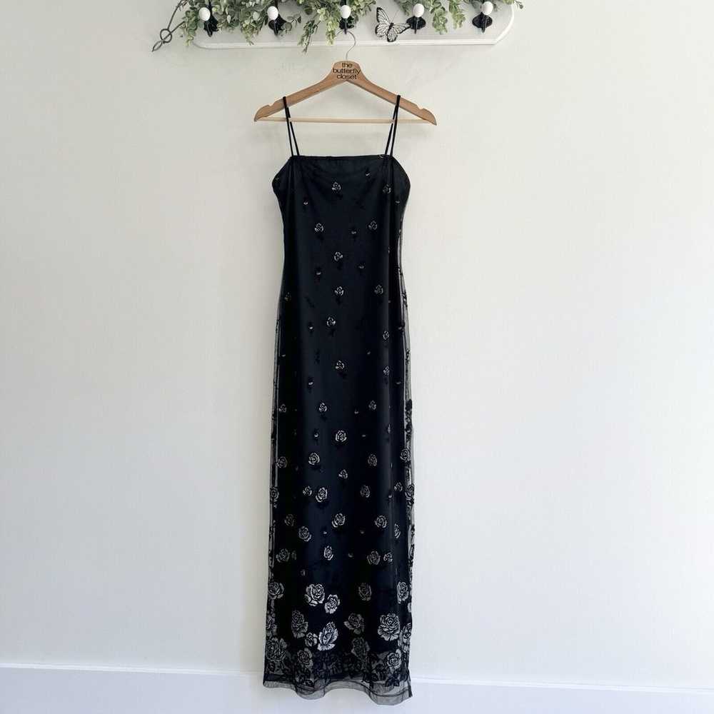 Vintage Y2K Black Rose Embroidered Slip Dress whi… - image 1