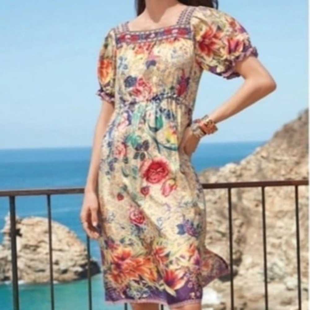 $498 Johnny Was 100% Silk Midi Boho Dress, S - M - image 2