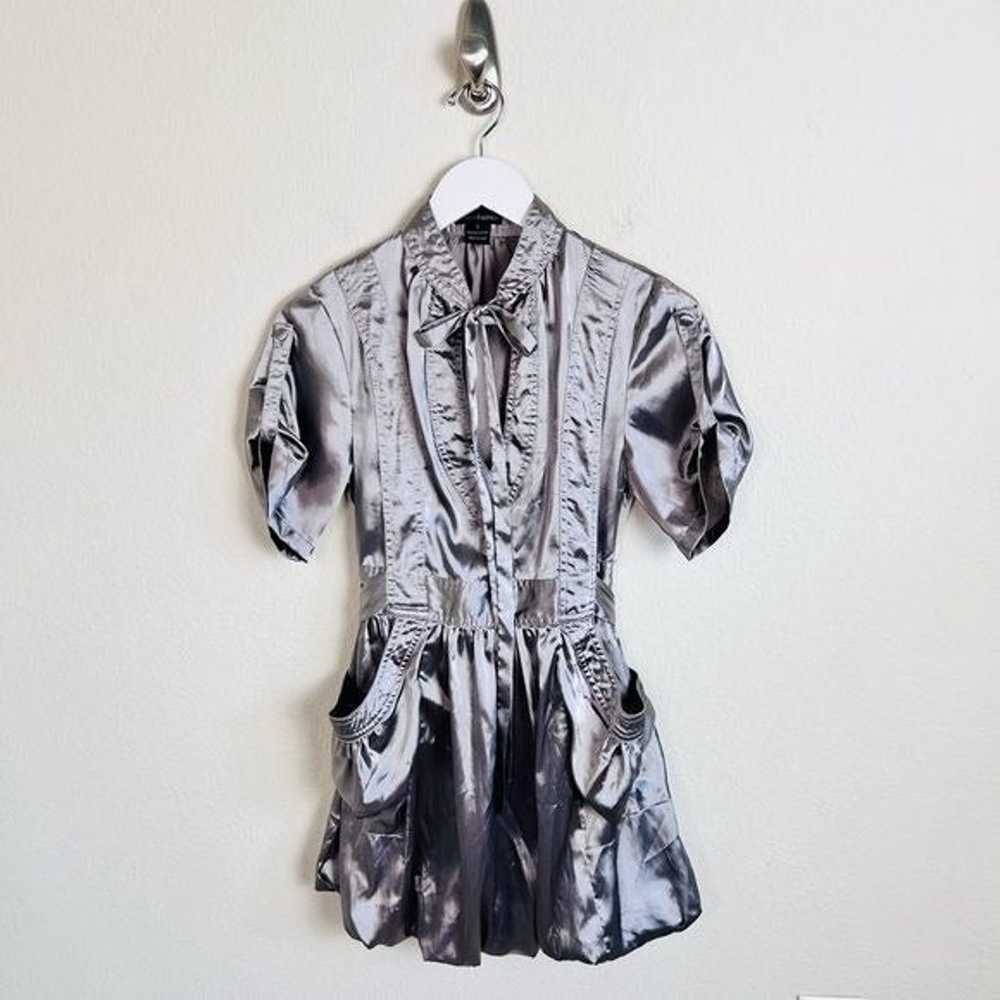 Y2K Silver Satin V-Neck Neck Tie Short Sleeve Bub… - image 4