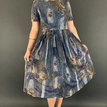 50s/60s Abstract Rose Print Jersey Day Dress - image 1