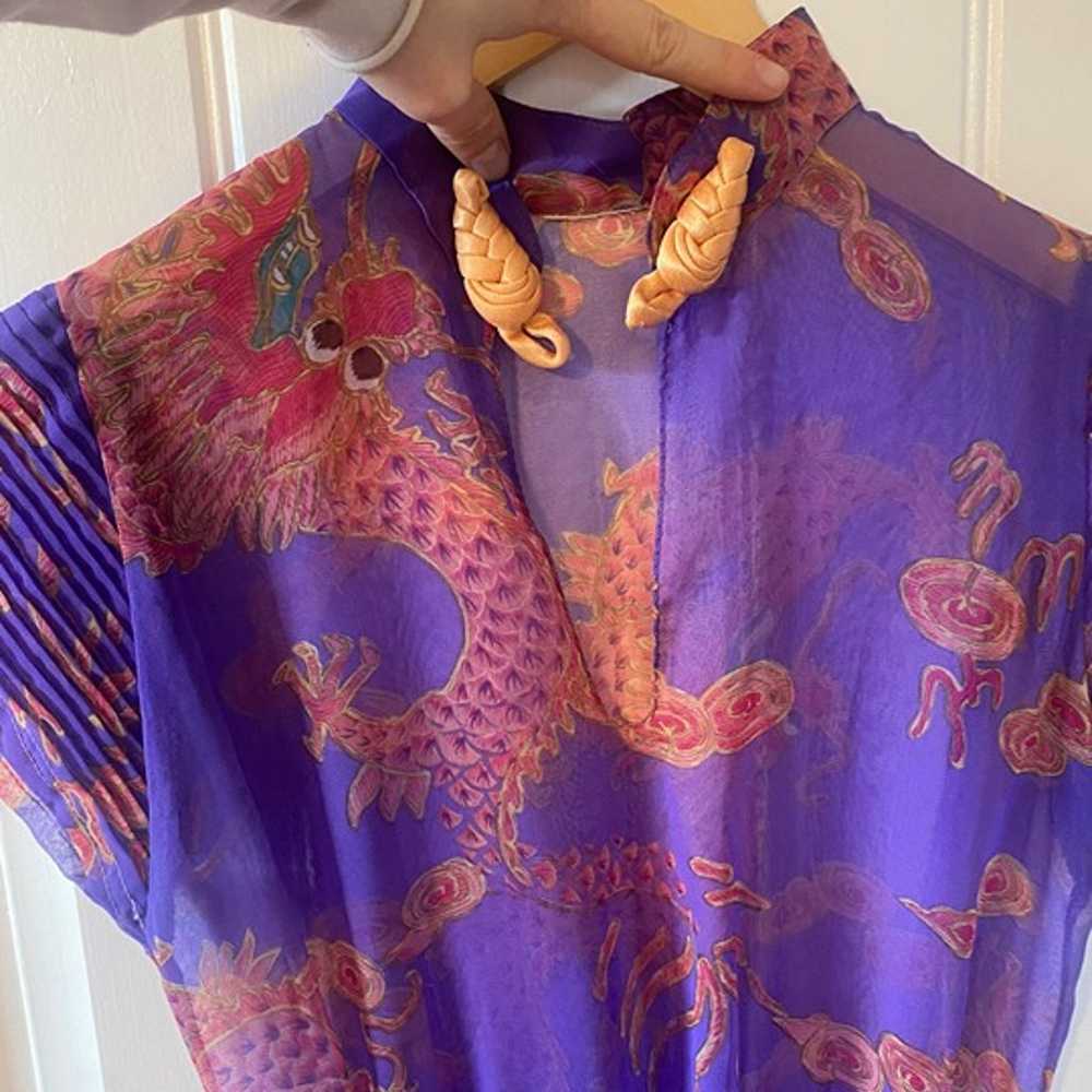 Vintage sheer purple & orange chiffon Asian drago… - image 1