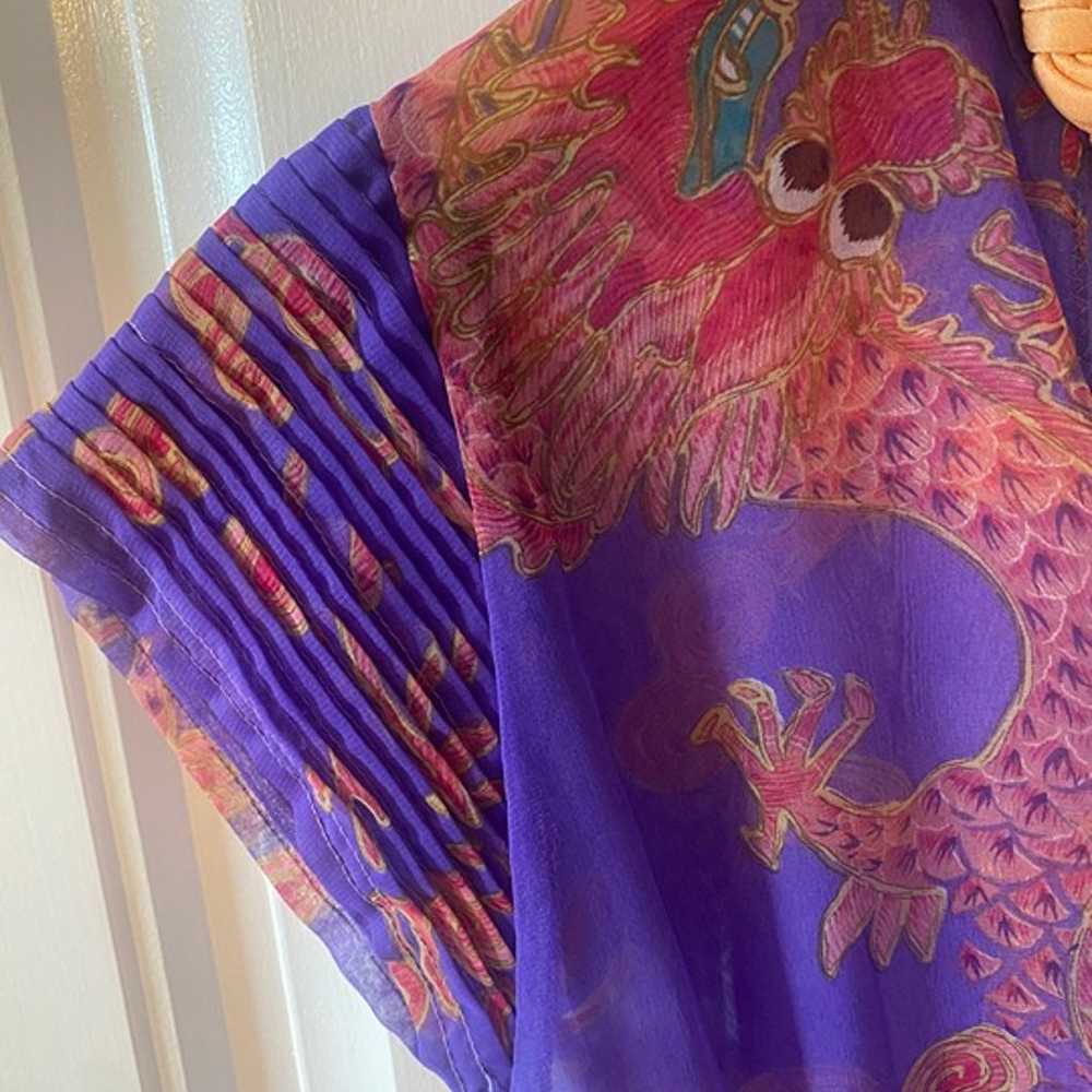 Vintage sheer purple & orange chiffon Asian drago… - image 3