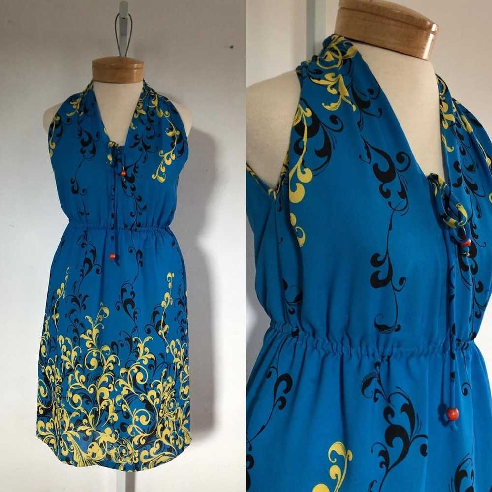 Vintage Blue Floral Sleeveless Dress, Elastic Wai… - image 1