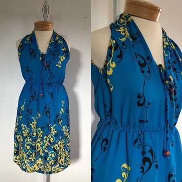 Vintage Blue Floral Sleeveless Dress, Elastic Wai… - image 1