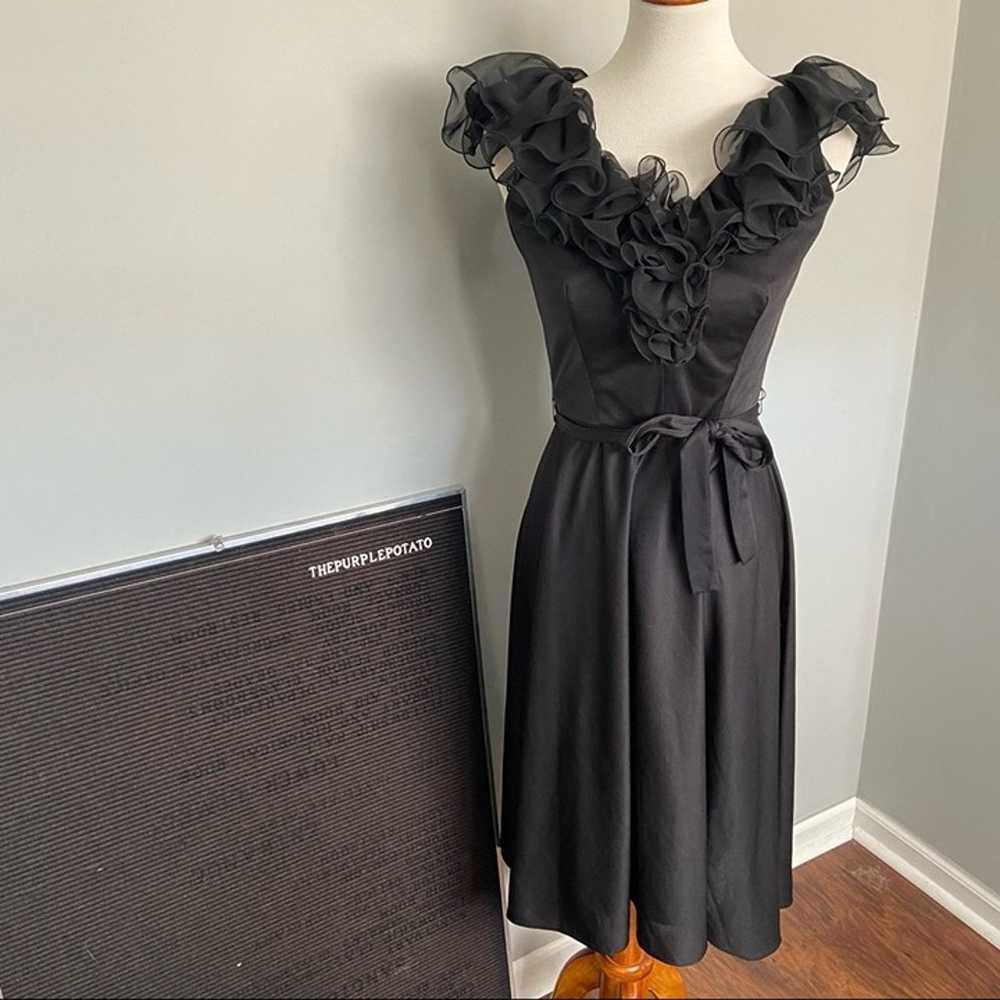 Vintage 1970’s Black Neck Ruffle Waist Tie Dress - image 1