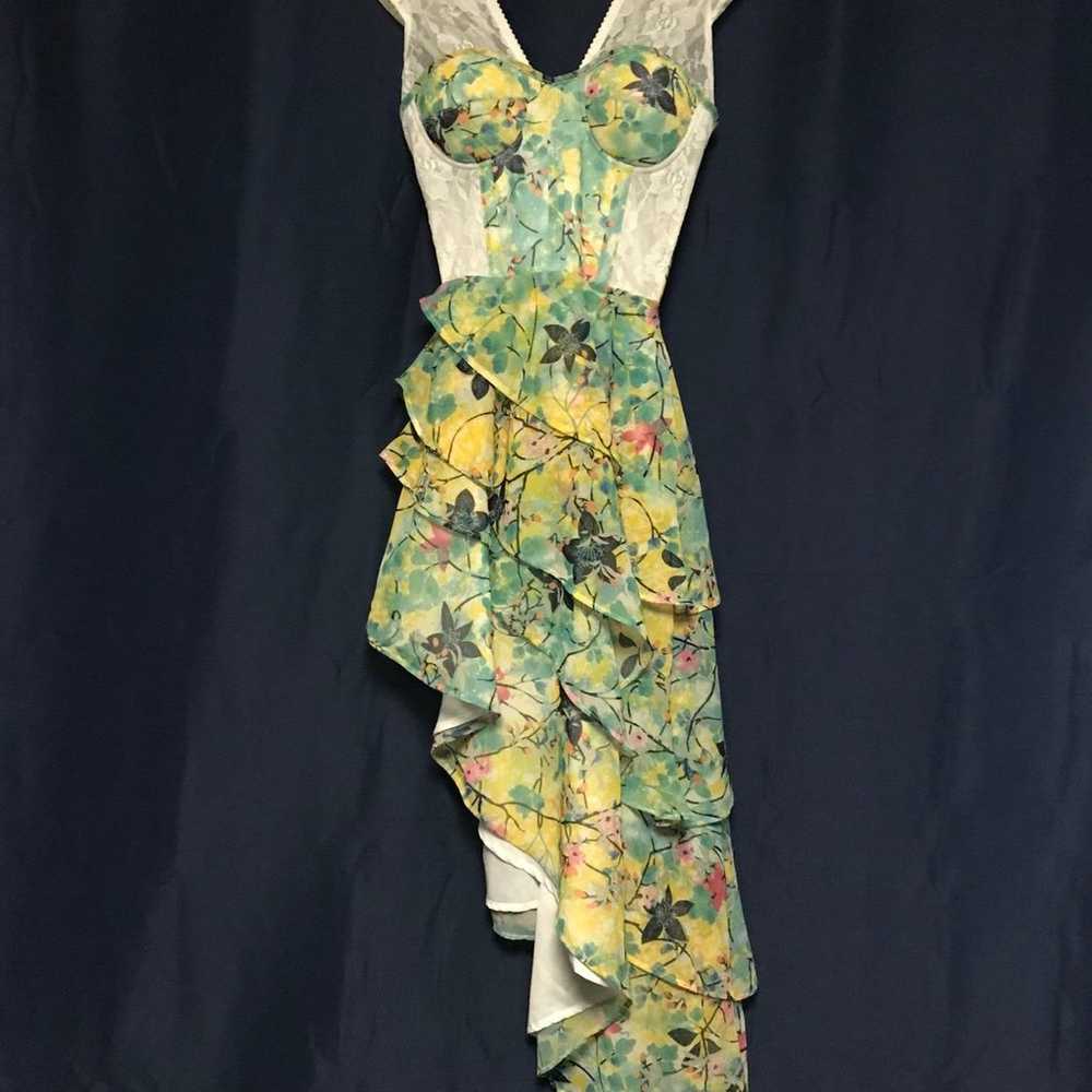 Tropical Print High-Low Mesh Panelled Corset Dres… - image 1