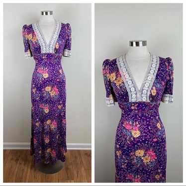 Vintage Purple Pink Floral Lace Maxi Bohemian Dre… - image 1