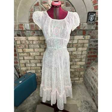 dress sheer floral pink white puff sleeves 1950s - image 1