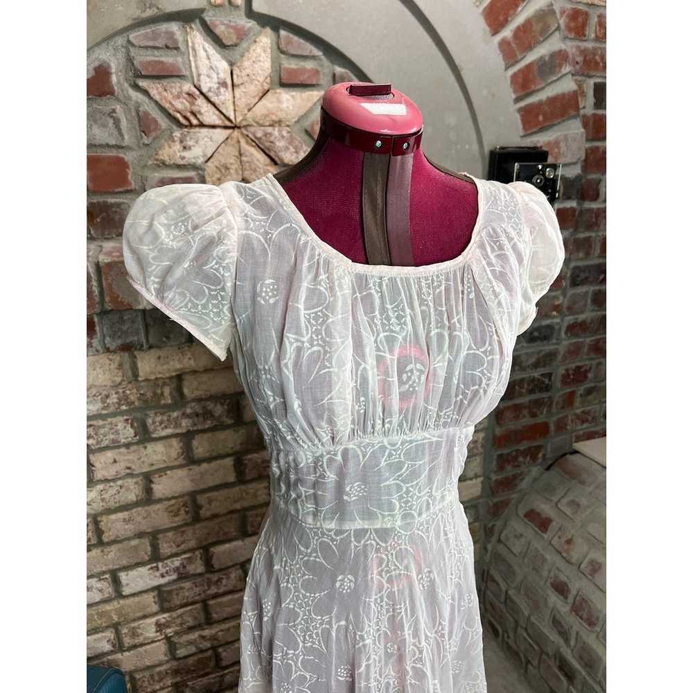 dress sheer floral pink white puff sleeves 1950s - image 3