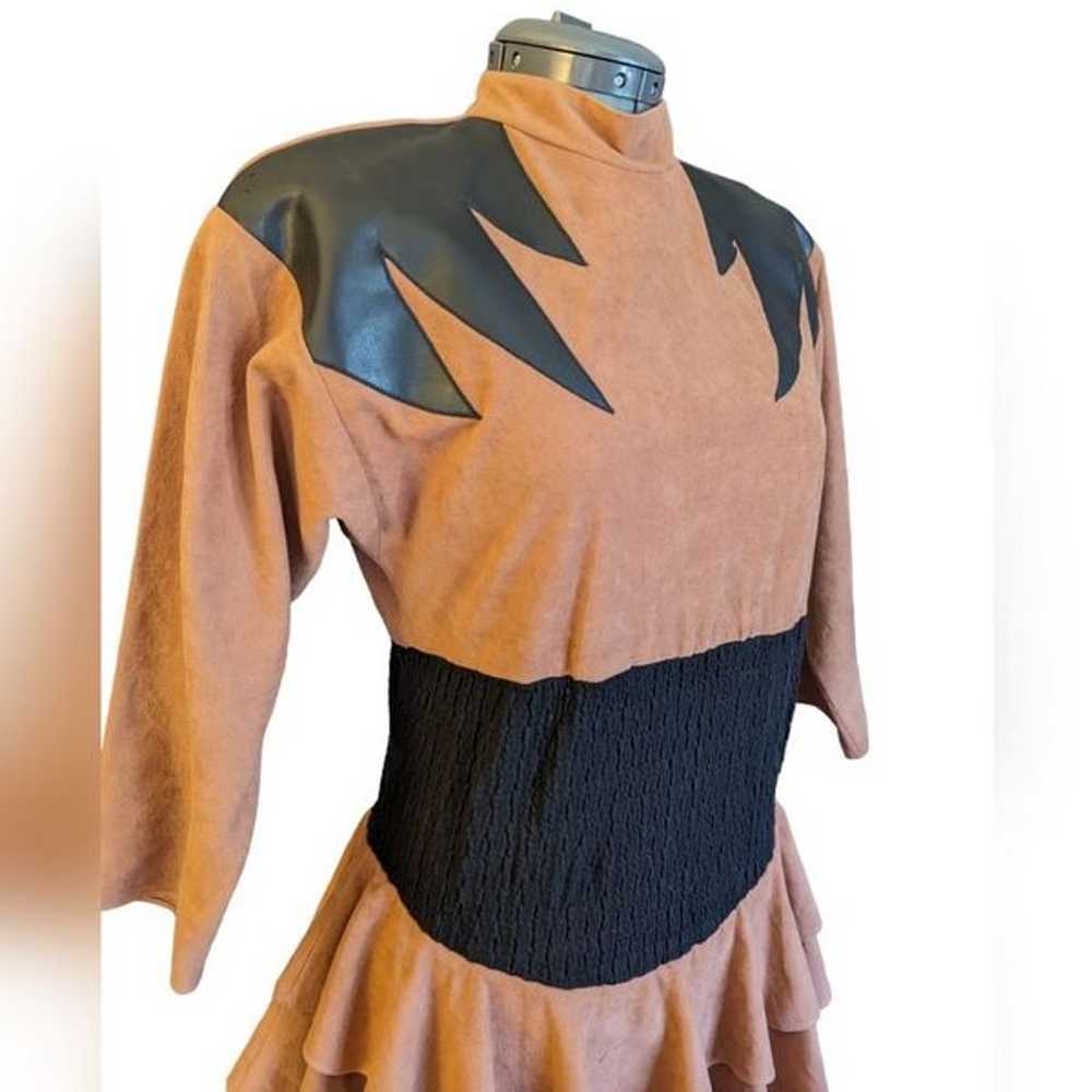 Vintage 80s brown dress with black leather details - image 1