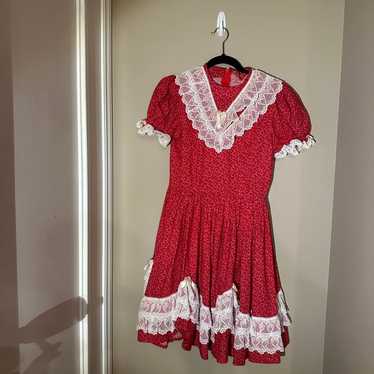 vintage red cottage core victorian dress white lac