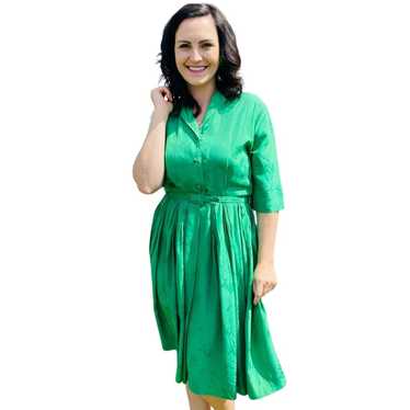 Vintage Green 100% Silk Flare Dress 6 - image 1