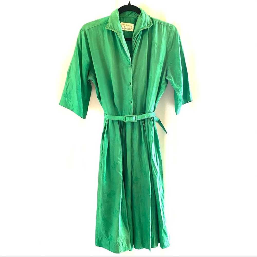 Vintage Green 100% Silk Flare Dress 6 - image 2