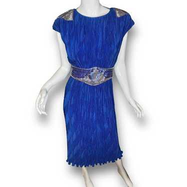 Vintage 1980's Royal Blue Beaded Crinkle Pleated … - image 1