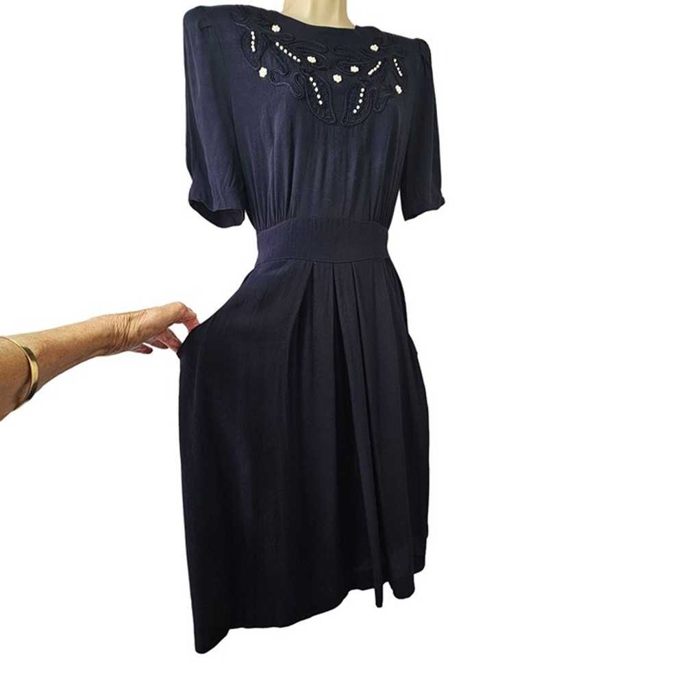 80s R&K Originals 40s Style Dress 6 Navy Blue Pea… - image 1