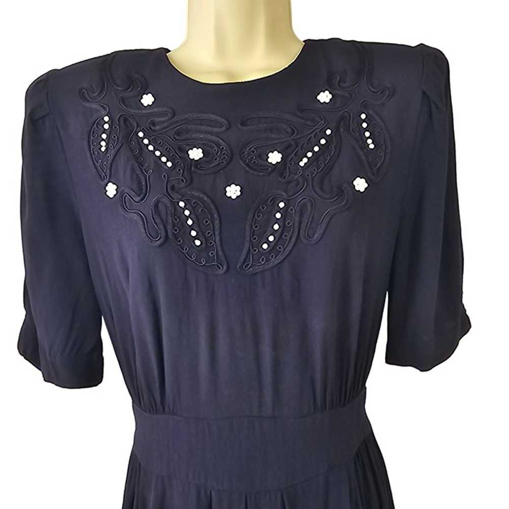 80s R&K Originals 40s Style Dress 6 Navy Blue Pea… - image 3