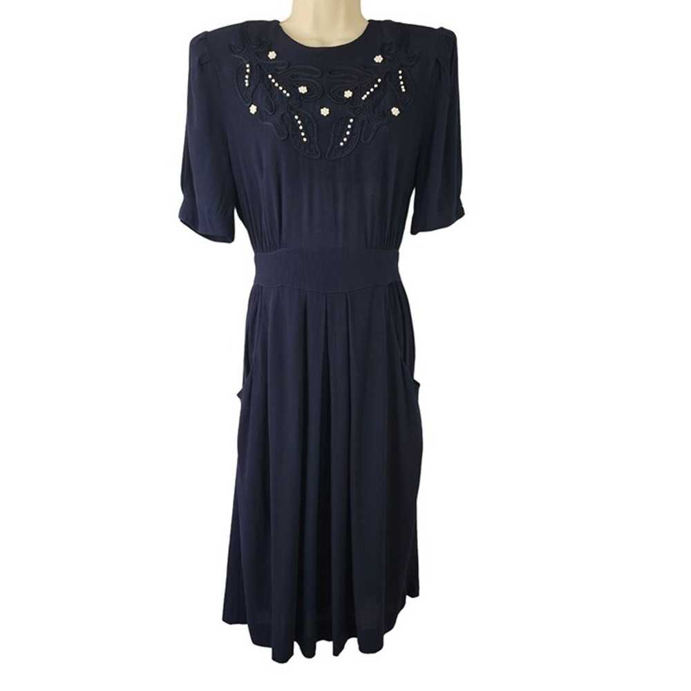 80s R&K Originals 40s Style Dress 6 Navy Blue Pea… - image 5