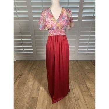 Vtg 70s Roberta California Red Pink Chiffon Flora… - image 1