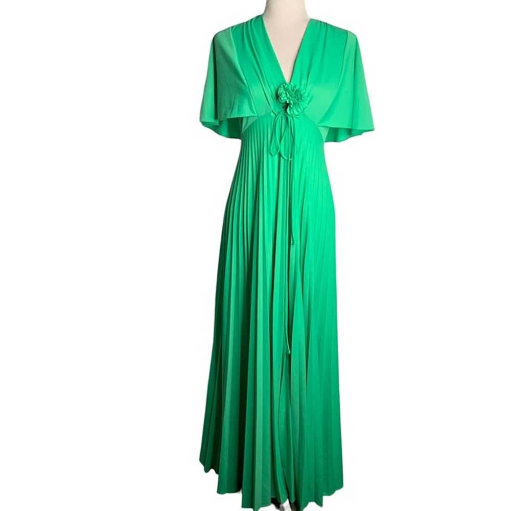 Vintage 70s Accordion Pleat Maxi Dress S Green Fl… - image 1