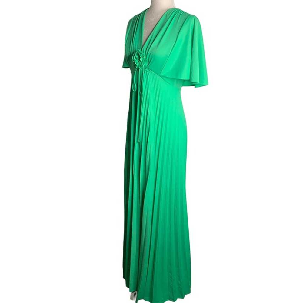 Vintage 70s Accordion Pleat Maxi Dress S Green Fl… - image 6