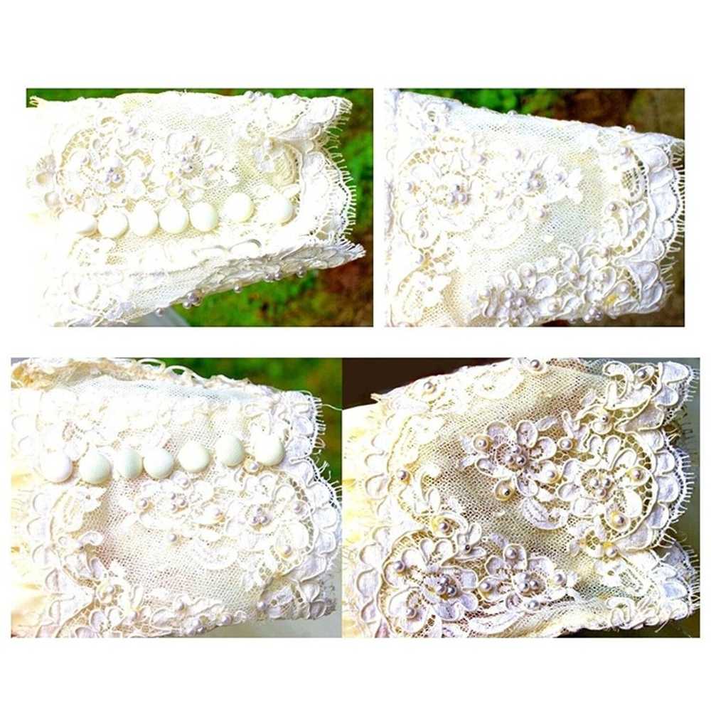 Vtg 80s Ivory Wedding Dress Veil Hi Neck Bead She… - image 6