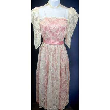 Vintage Handmade Pink Satin White Lace Floral Dres