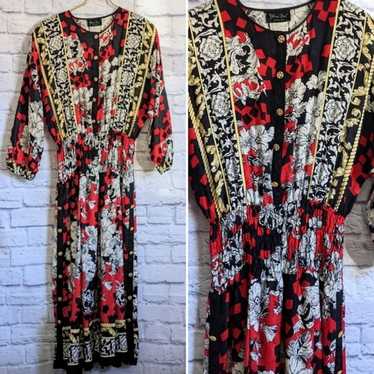 VTG 80s Diane Freis Silk Midi Dress S Red Black W… - image 1