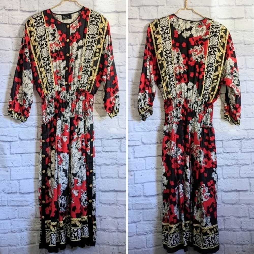 VTG 80s Diane Freis Silk Midi Dress S Red Black W… - image 2