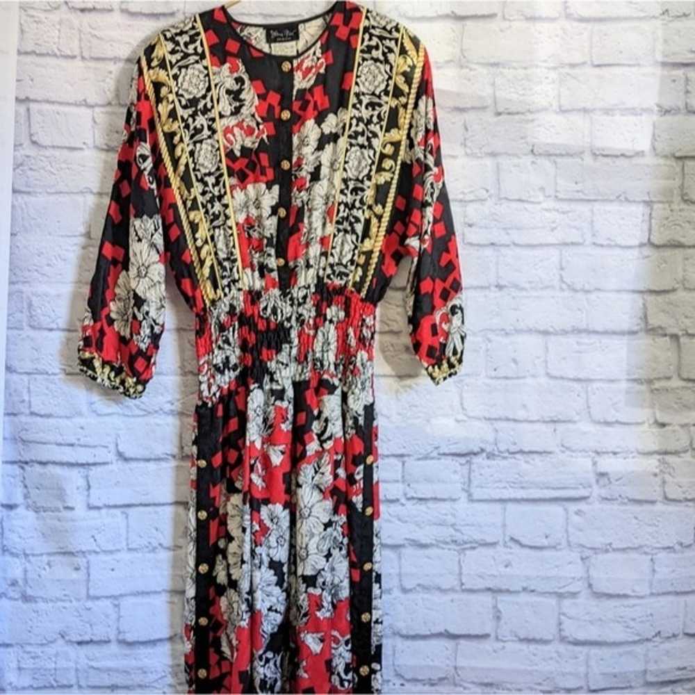 VTG 80s Diane Freis Silk Midi Dress S Red Black W… - image 3