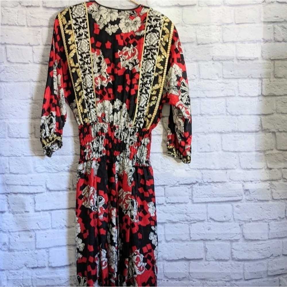 VTG 80s Diane Freis Silk Midi Dress S Red Black W… - image 6