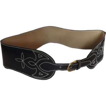 Vintage Black Leather Wide Belt with Stitching