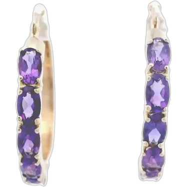 Estate Oval Amethyst Hoop Earrings in 14K Yellow G