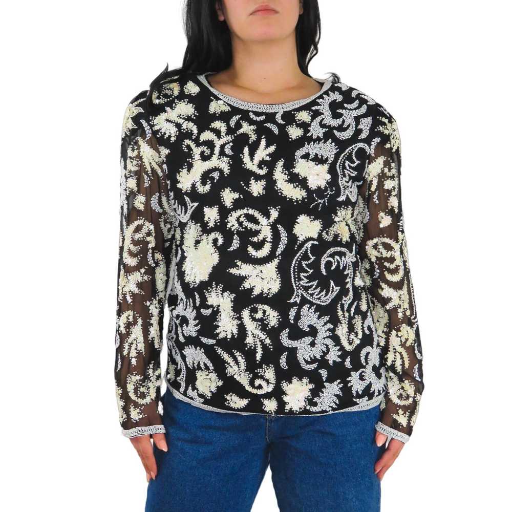 Vintage Vintage Sequin Beaded Paisley Blouse Blac… - image 2