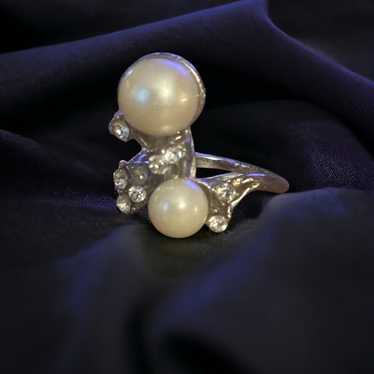 Vintage Vintage silver tone double pearl and rhin… - image 1