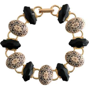 Black and Floral Link Vintage Bracelet