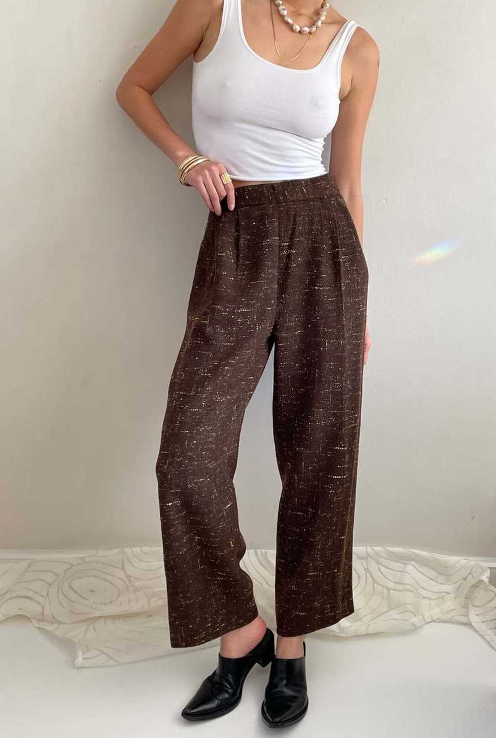 Vintage 90s Tweed Wide Leg Pleated Pants - Brown - image 1