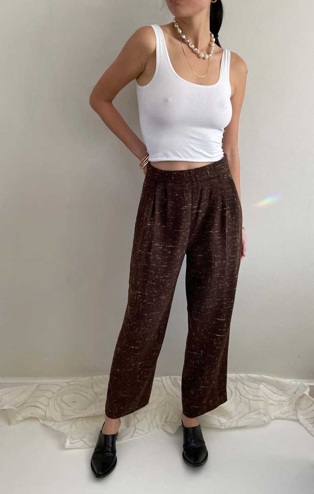 Vintage 90s Tweed Wide Leg Pleated Pants - Brown - image 9