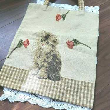 Antique Vintage European Gobelin Woven Cat Tote Ha