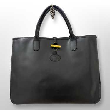 Auth Longchamp Roseau Handbag Tote Black Leather