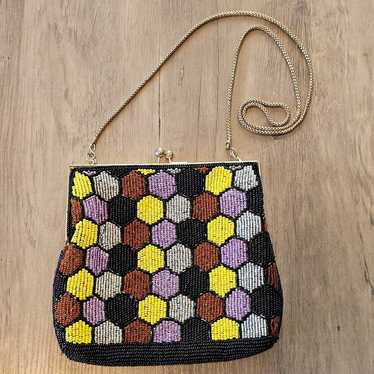 Vintage Hand Beaded Honeycomb Pattern Kisslock Pu… - image 1