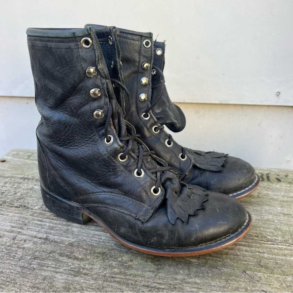 90s Laredo Black Leather Cowgirl Western Lace Up … - image 1