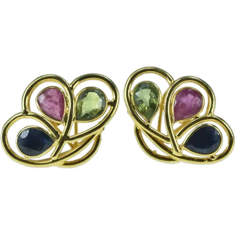 18K Pear Sapphire Ruby Peridot Flower Stud Earrin… - image 1