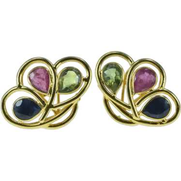 18K Pear Sapphire Ruby Peridot Flower Stud Earrin… - image 1