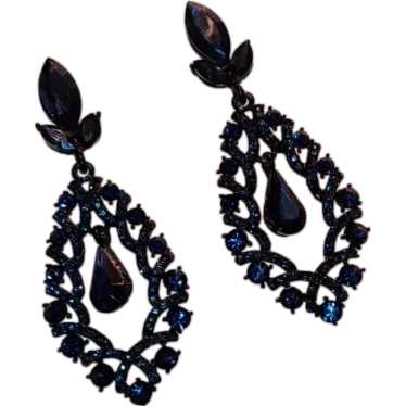 Chandelier Navy Black Rhinestone Earrings VTG Stat